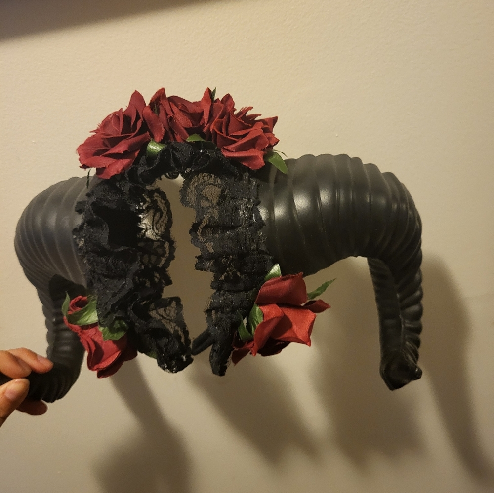 Black Horned Headpiece with Red Roses